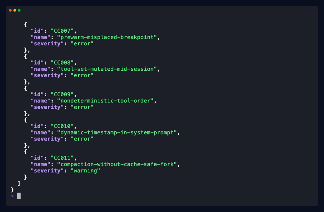 prompt-cache-lint CLI demo: linting a session transcript for cache anti-patterns.